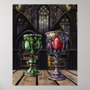 Affiche Bibliothèque médiévale gothique verte rouge Goblet