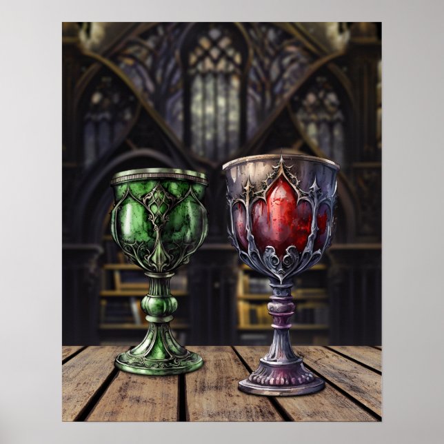 Affiche Bibliothèque médiévale gothique verte rouge Goblet (Devant)
