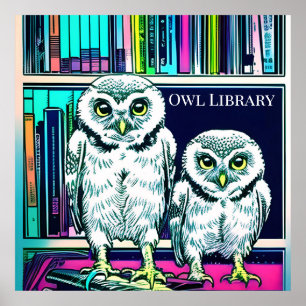 Affiche BIBLIOTHÈQUE OWL deux chouettes, livres