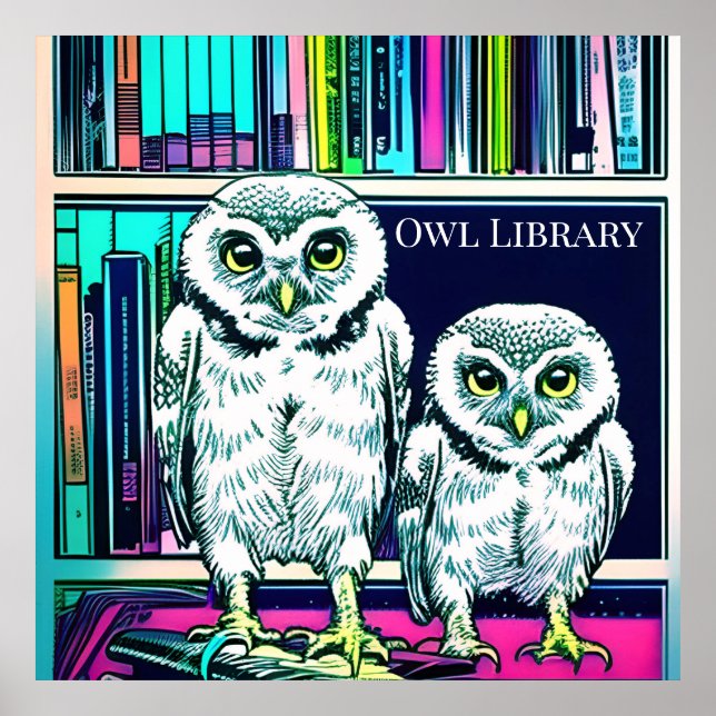 Affiche BIBLIOTHÈQUE OWL deux chouettes, livres (Devant)