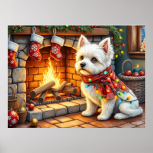 Affiche Bichon Frise Cheminée avec Lumières de Noël