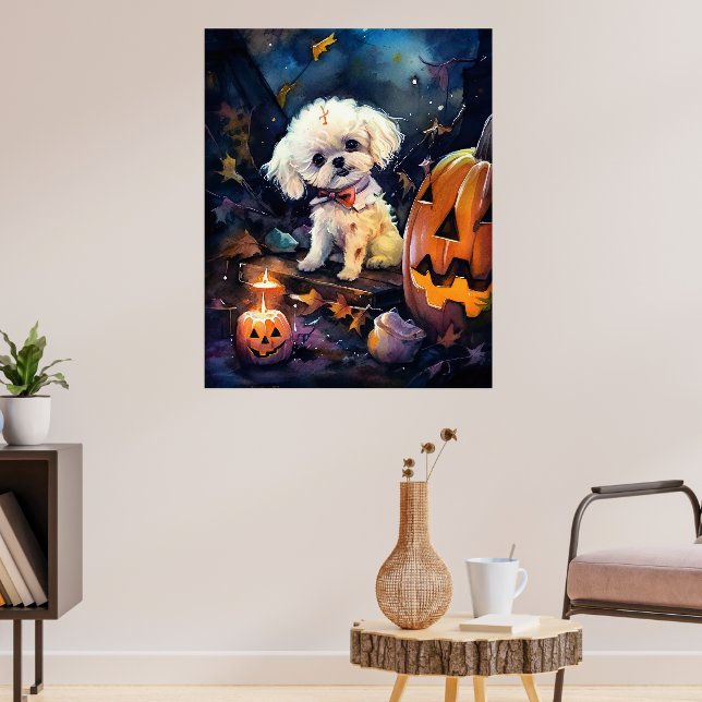 Affiche Bichon frisé d'Halloween avec citrouilles effrayan (Salon 3)