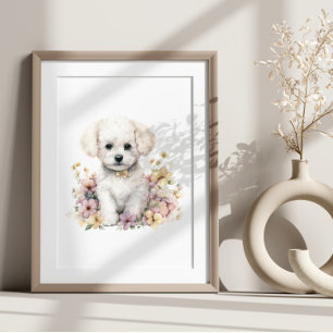 Affiche Bichon Frise Pupet Pet Aquarelle Flower