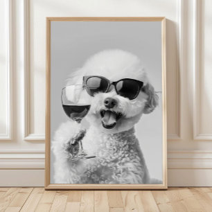 Affiche Bichon Frise tenant du vin - Œuvre murale, Noir et
