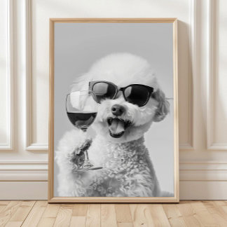 Affiche Bichon Frise tenant du vin - Œuvre murale, Noir et