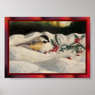 Affiche Bickadee et mélètte sur neige hivernale de Noël