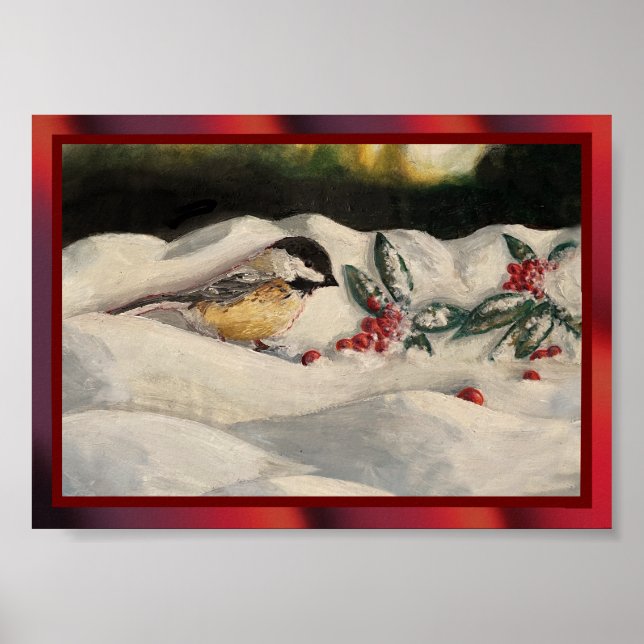 Affiche Bickadee et mélètte sur neige hivernale de Noël (Devant)