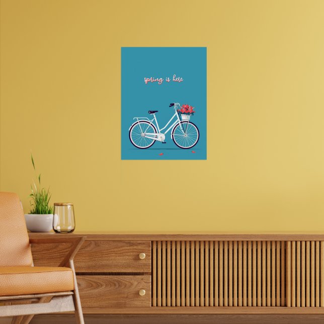 Affiche Bicycle blanc Fleurs roses Arrière - plan bleu (Salon 2)