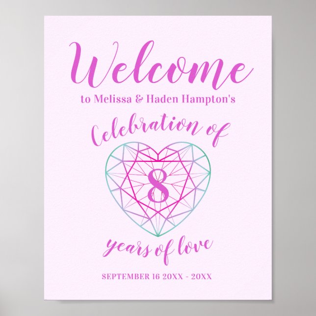 Affiche Bienvenue 8 ans d'amour 8e anniversaire coeur (Devant)
