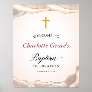 Affiche Bienvenue à Baptism Pink Agate Gold Parties scinti