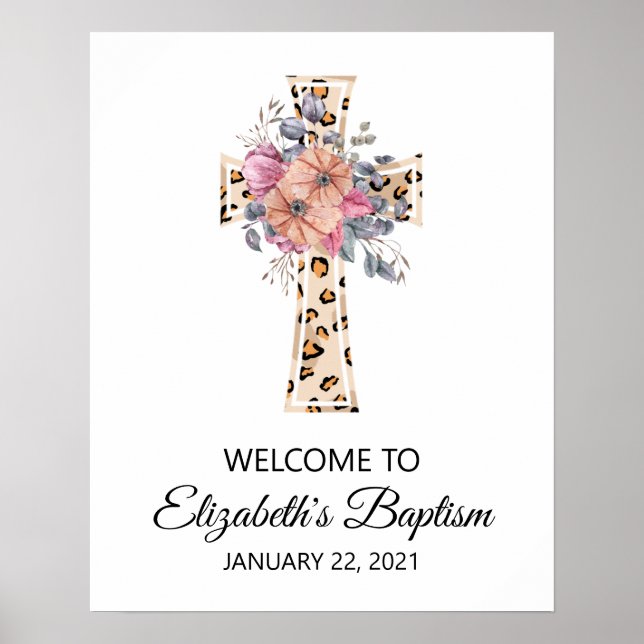 Affiche Bienvenue à Baptism Watercolor Leopard Floral Cros (Devant)