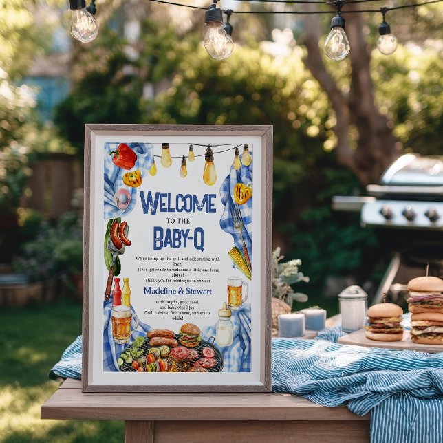 Affiche Bienvenue à la Baby-Q Rustique BBQ Été Plaid (Rustic BBQ Summer Blue Plaid Baby-Q Shower Welcome Poster)