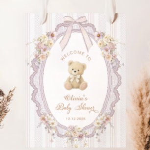 Affiche Bienvenue à la Baby Shower à l'ours en peluche vin