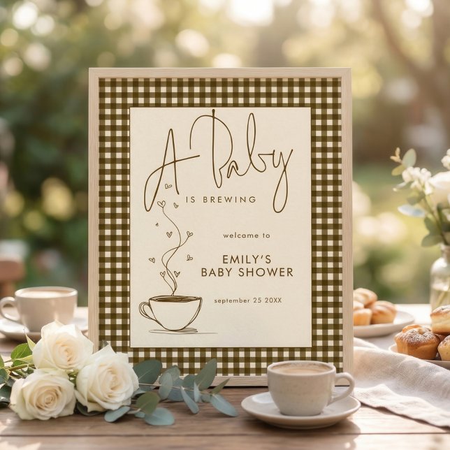 Affiche Bienvenue à la Baby Shower à thème Café à Gingham  (Créateur téléchargé)