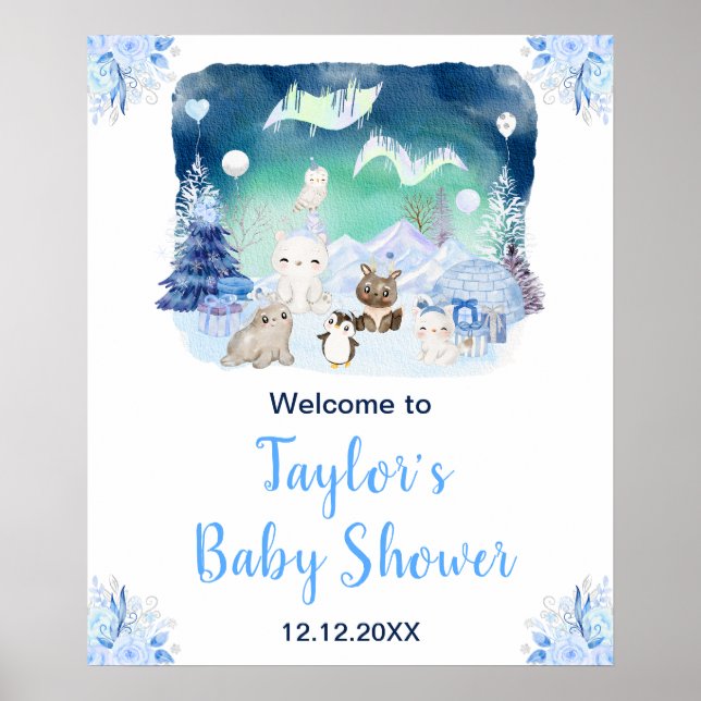 Affiche Bienvenue à la Baby Shower Animaux Arctiques Lumiè (Devant)
