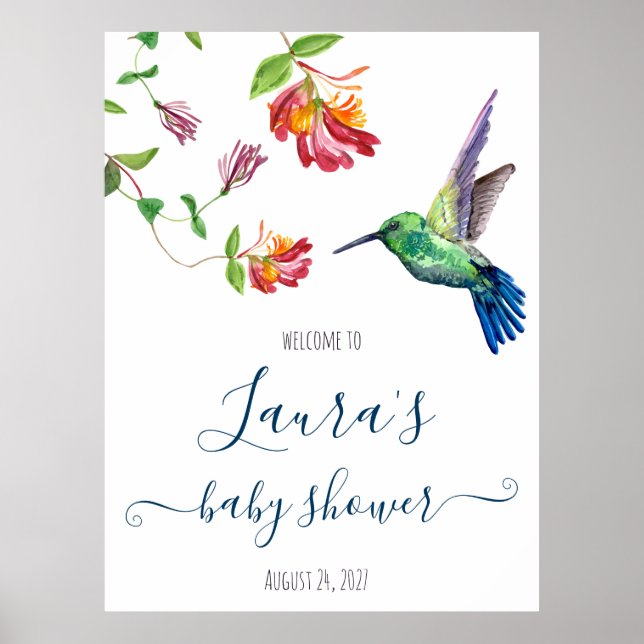 Affiche Bienvenue à la Baby Shower au Colibri Aquarelle (Devant)