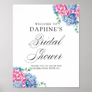 Affiche Bienvenue à la Baby Shower aux Hortensias Roses et