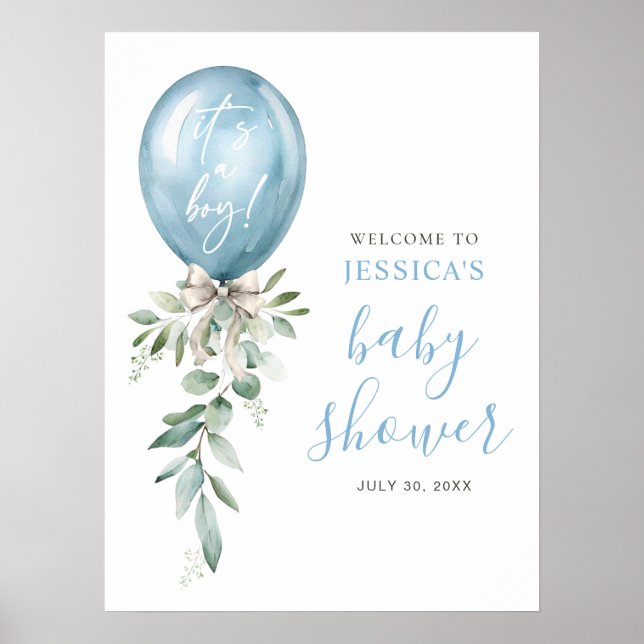 Affiche Bienvenue à la Baby Shower avec des ballons bleus  (Devant)