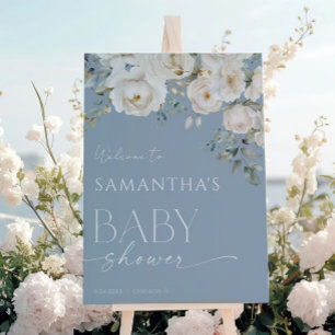 Affiche Bienvenue à la baby shower avec des fleurs blanche