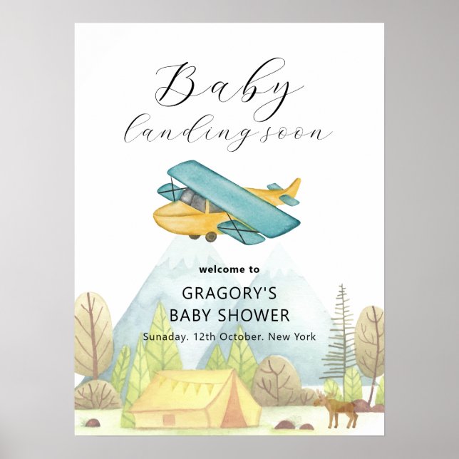 Affiche Bienvenue à la Baby Shower Avion Forêt Bébé Arrive (Devant)