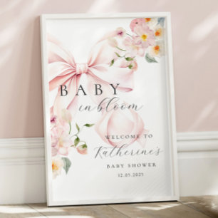 Affiche Bienvenue à la Baby Shower Bébé en Fleur Ruban Ros