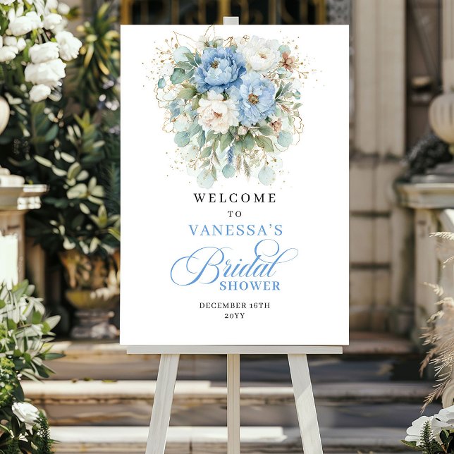 Affiche Bienvenue à la Baby Shower Bleu Clair Eucalyptus O (Light Blue Eucalyptus Gold Bridal Shower Welcome)