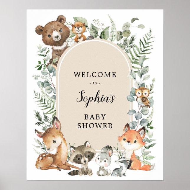 Affiche Bienvenue à la Baby Shower Bohème Animaux de la Fo (Devant)