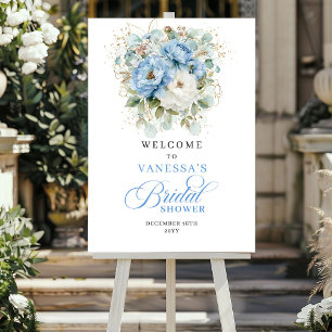 Affiche Bienvenue à la Baby Shower Bohème Bleu Floral Végé