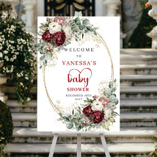 Affiche Bienvenue à la Baby Shower Boho Bourgogne Eucalypt