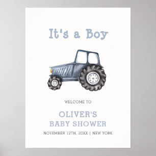 Affiche Bienvenue à la Baby Shower Boho Boy Tracteur Aquar