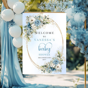 Affiche Bienvenue à la Baby Shower Boho Dusty Blue Flowers