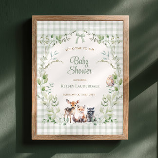 Affiche Bienvenue à la Baby Shower Boisée Vert Gingham