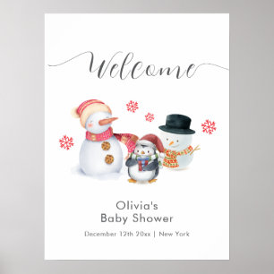 Affiche Bienvenue à la Baby Shower Bonhomme de Neige Pingo