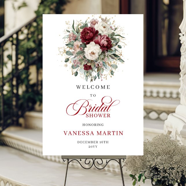 Affiche Bienvenue à la Baby Shower Bourguignonne (Burgundy Greenery Bridal Shower Welcome)
