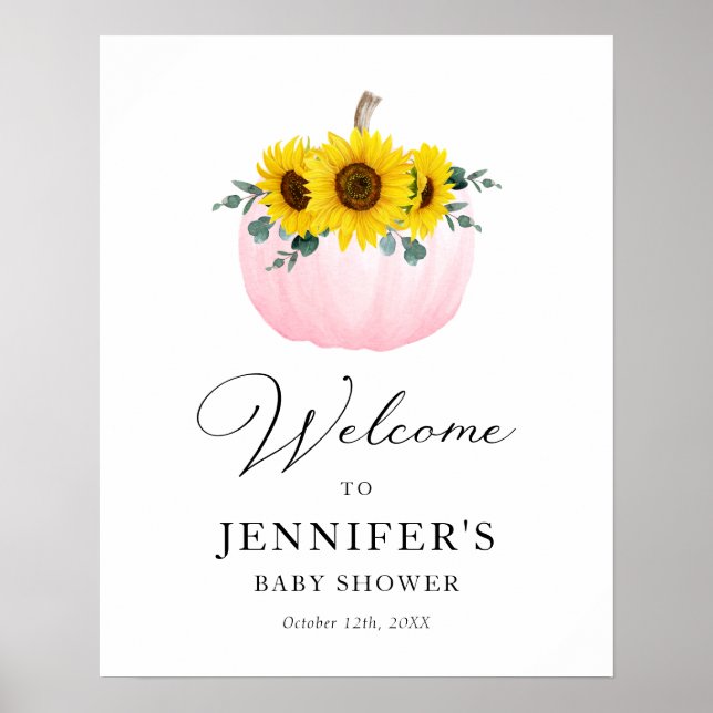 Affiche Bienvenue à la Baby Shower Citrouille Rose et Tour (Devant)