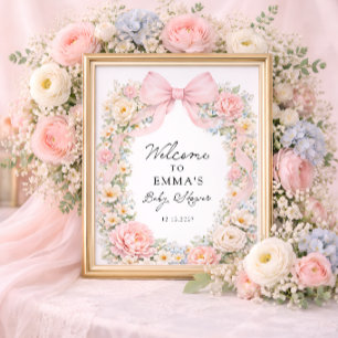 Affiche Bienvenue à la Baby Shower Coquette Florale Ruban 
