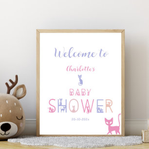 Affiche Bienvenue à la Baby Shower Couleurs Pastel Chat Mi