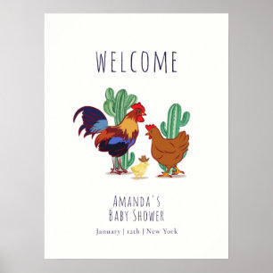 Affiche Bienvenue à la Baby Shower Cowboy Cactus Coq Poule