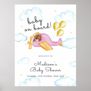 Affiche Bienvenue à la Baby Shower de l'avion ballon ours