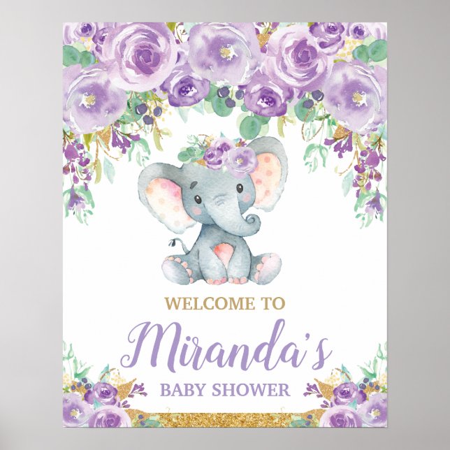 Affiche Bienvenue à la Baby Shower de l'éléphant floral po (Devant)