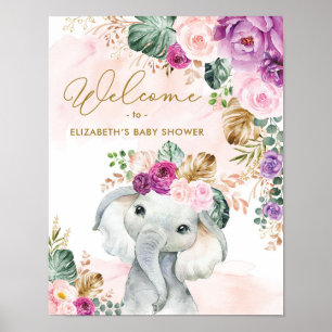 Affiche Bienvenue à la Baby Shower de l'éléphant floral tr