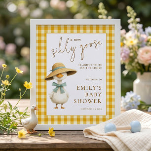 Affiche Bienvenue à la Baby Shower de l'oie jaune à carrea
