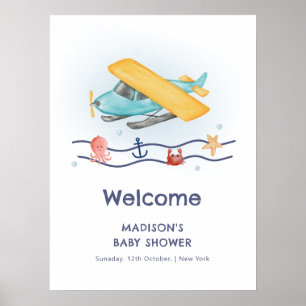 Affiche Bienvenue à la Baby Shower d'été Voyage Mer Avion