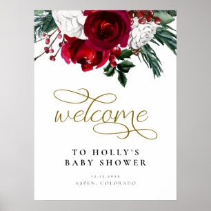 Affiche Bienvenue à la Baby Shower d'Hiver Florale Burgund