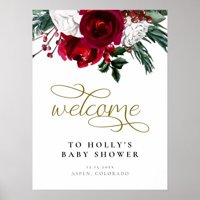 Affiche Bienvenue à la Baby Shower d'Hiver Florale Burgund (Devant)