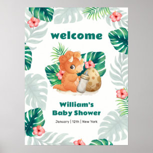 Affiche Bienvenue à la Baby Shower Dino Bébé Fleur Tropica