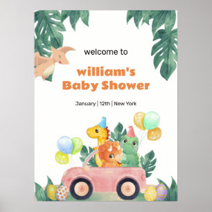 Affiche Bienvenue à la Baby Shower Dino Œuf Tropical qui É