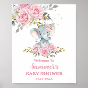 Affiche Bienvenue à la Baby Shower Éléphant Bébé Rose Flor