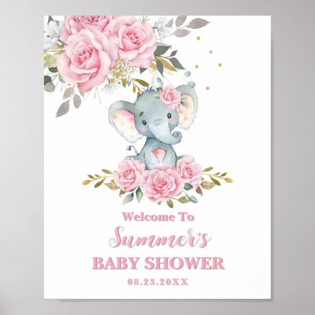 Affiche Bienvenue à la Baby Shower Éléphant Bébé Rose Flor (Devant)