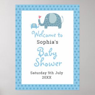 Affiche Bienvenue à la Baby Shower Éléphants à Points Bleu
